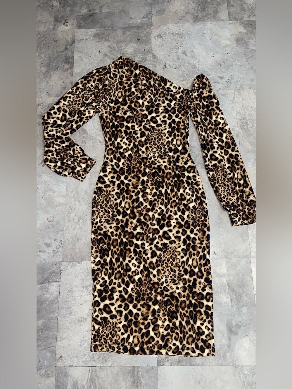 Leopard Print Long Sleeve Bodycon Dress - Beige/Brown